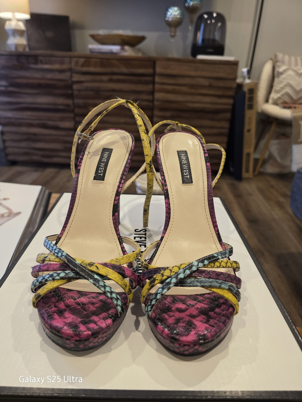 Nine West Pink, Yellow & Blue Snake-Print Strappy Heels